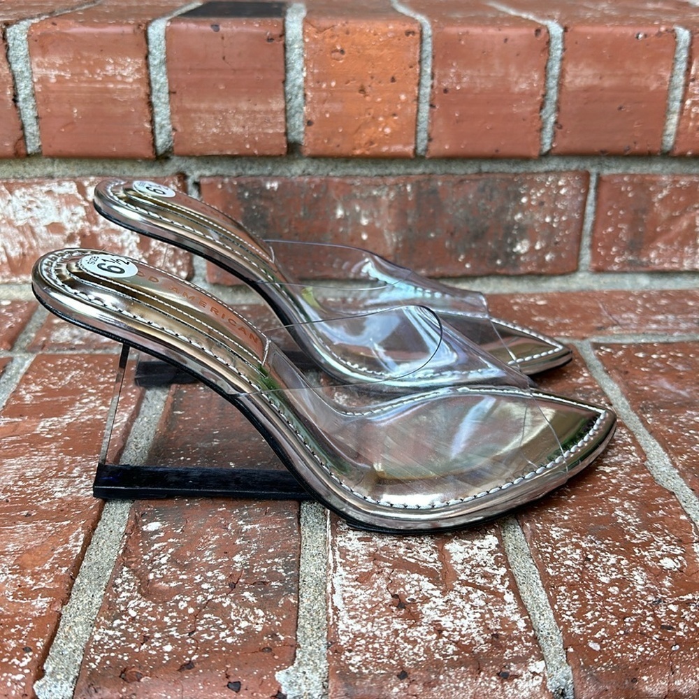 Good American Clear PVC Pointed Wedge Mules with Metallic Trim